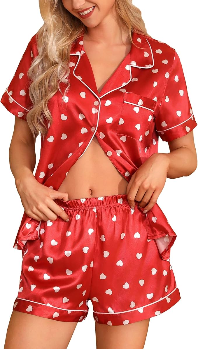 Samring Women's Silk Satin Pajamas Set Short Sleeve Sleepwear Two Piece Button Down Pj Set with Pockets S-XXL