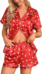 Samring Women's Silk Satin Pajamas Set Short Sleeve Sleepwear Two Piece Button Down Pj Set with Pockets S-XXL