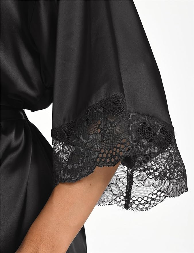 Kihnop Women's Satin Robe Silk Robe Lace Bridal Robes for Bride Bridesmaid Robes Silky Bathrobe Getting Ready Sleepwear
