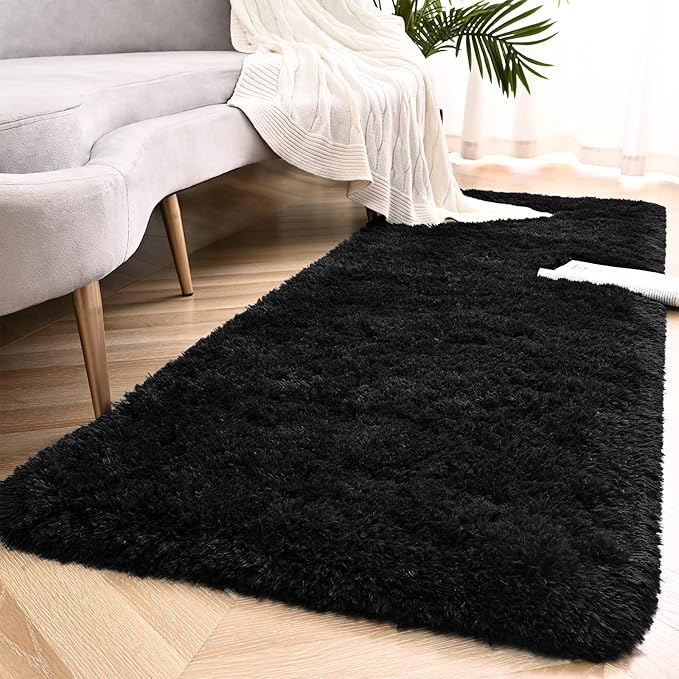 Black Runner Area Rugs for Bedroom Living Room, 2x6 Feet Fluffy Bedside Rugs, Soft Shaggy Carpet Rug for Kids Room Nursery, Furry Cute Rugs for Girls Boys Dorm Room Home Decor