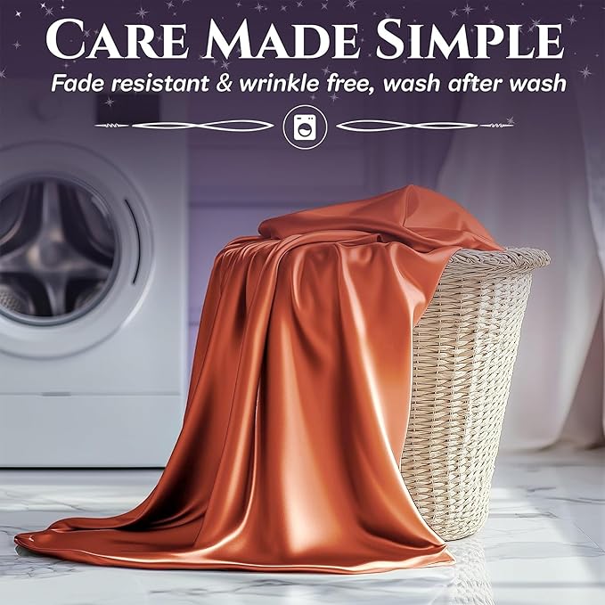SLEEP SANCTUARY Satin Sheets King Size – 4 Piece Luxury Silky Bed Set, Softer Than Silk, 15" Deep Pocket, Cooling & Wrinkle-Free, Moisture-Wicking & Breathable for Hair & Skin (Burnt Orange)