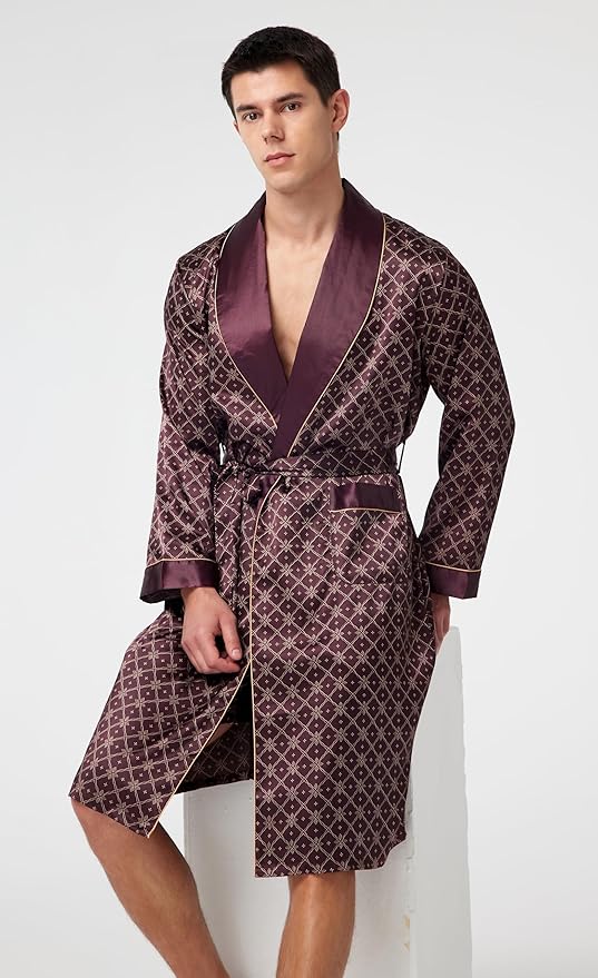 Tony & Candice Men's Satin Robe Lightweight Long Sleeve Silk Kimono Bathrobe with Shorts Set Sleepwear