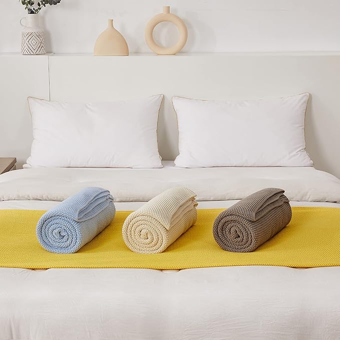 Longhui bedding Medium Grey 100% Cotton Lightweight Cable Knit Throw Blanket for Couch Sofa Bed Home Décor, Bonus Laundering Bag, Gray Color 60“ x 80” Machine Washable