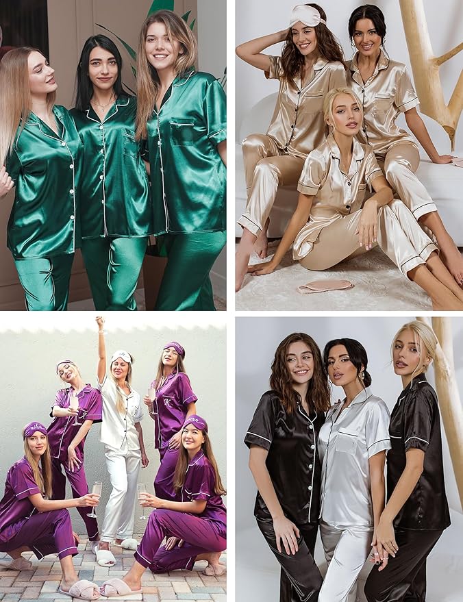 SWOMOG Women Satin Pajamas Set Short Sleeve Top & Pants Sleepwear Silky Button Down Nightwear 2pcs Loungewear Pjs Set