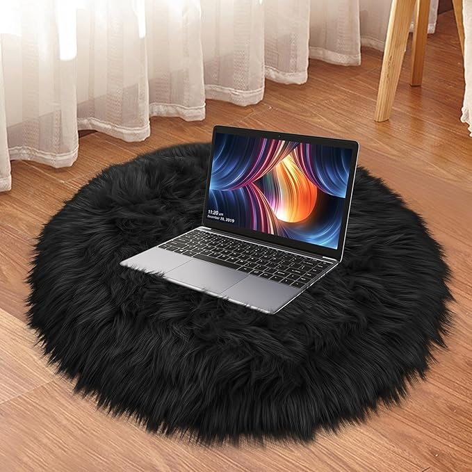 Small Black Round Rug 2ft for Bedroom, Faux Fur Fluffy Circle Rug Furry Carpet for Kids Room Teen's Room Nursery Desk, Plush Circular Shaggy Rug for Living Room Dorm Decor Aesthetic Black