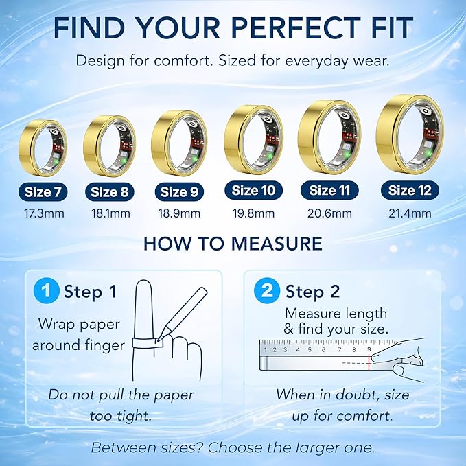 Smart Ring Health & Fitness Tracker for Men & Women – Sleep, Heart Rate, SpO₂, HRV & Stress Tracking – BP & Women Health Support, 180+ Sport Modes, IP68 Waterproof, No Subscription Fee (Gold, 8)