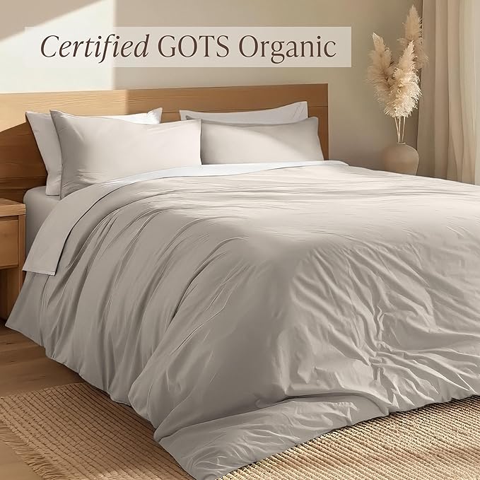 Bare Home 100% Organic Cotton Extra Long Duvet Cover Set - Crisp Percale Weave - Lightweight & Breathable - Cooling Duvet Cover Set (Twin/Twin XL, French Beige)