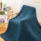 YAAPSU Chunky Knit Throw Blanket for Couch, 51“x63”, 100% Hand Knitted Thick Cable Knit with Cozy Jumbo Chenille Yarn, Soft Large Rope Knot Crochet Blankets for Sofa Bed Living Room Décor, Ocean Blue