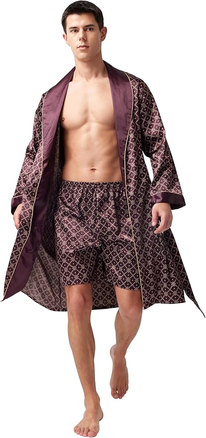 Tony & Candice Men's Satin Robe Lightweight Long Sleeve Silk Kimono Bathrobe with Shorts Set Sleepwear