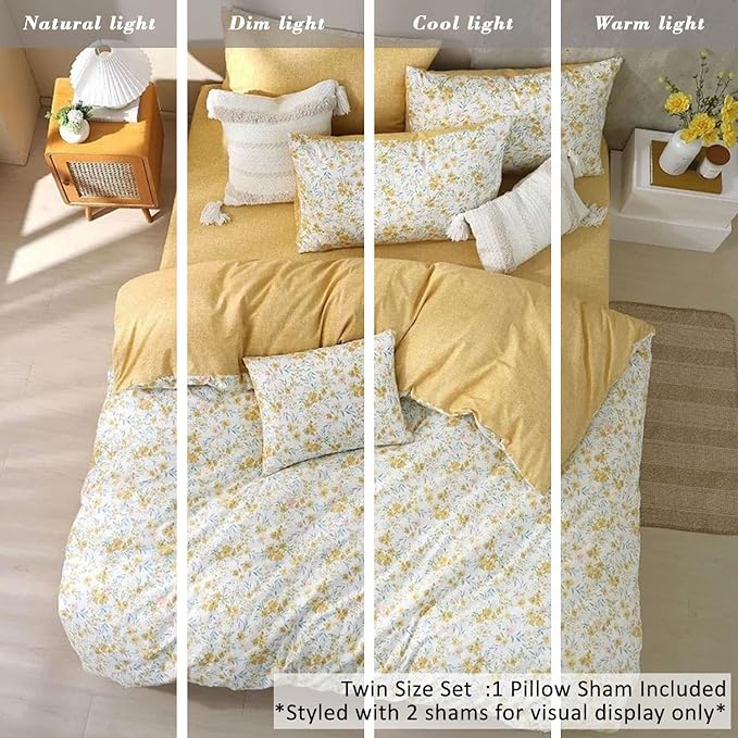 ALEISSEL Natural Cotton 2pcs Floral Comforter Sets Twin Size-Yellow Comforter with Pink & Yellow Flowers and Blue & Green Leaves on White, Reversible Lightweight Bedding Sets(Twin 68"×90")
