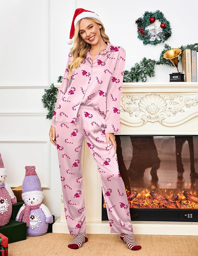 Ekouaer Women Satin Silk Pajamas Classic Long Sleeve Button Down Pjs Set Soft Loungewear