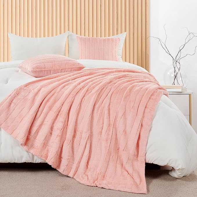 Striped Throw Blanket and Pillow Covers Set (No Inserts) for Couch and Bed, Plush Warm Lightweight Fuzzy Faux Fur Blanket for All Seasons (60" x 80", Pink)