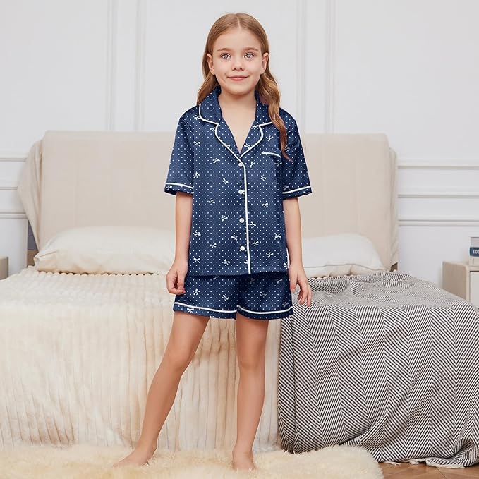 QPANCY Kids Satin Pajamas Sets Baby Boy Girl Button-Down Silk Sleepwear 2 Piece Short Sleeve Loungewear Clothes Set