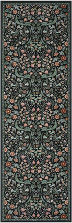 Lahome Claude Floral Washable Runner Rug, 2.6x8 Black Runners for Hallways Non Slip, Soft Low Pile Stain Resistant Kitchen Runner with Rubber Backing, Boho Thin Long Carpet for Entrance Laundry