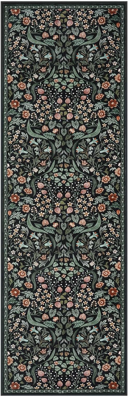 Lahome Claude Floral Washable Runner Rug, 2.6x8 Black Runners for Hallways Non Slip, Soft Low Pile Stain Resistant Kitchen Runner with Rubber Backing, Boho Thin Long Carpet for Entrance Laundry
