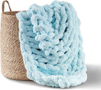 Adyrescia Chunky Knit Blanket Throw | 100% Hand Knit with Jumbo Chenille Yarn (50"x60", Light Blue)