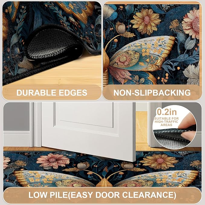 Butterfly Area Rug 2x3 ft Entry Rug Washable Boho Rugs Non Slip Low Pile Floral Door Mat Small Carpet for Bedroom, Bedside, Kids Room, Office, Dining Room