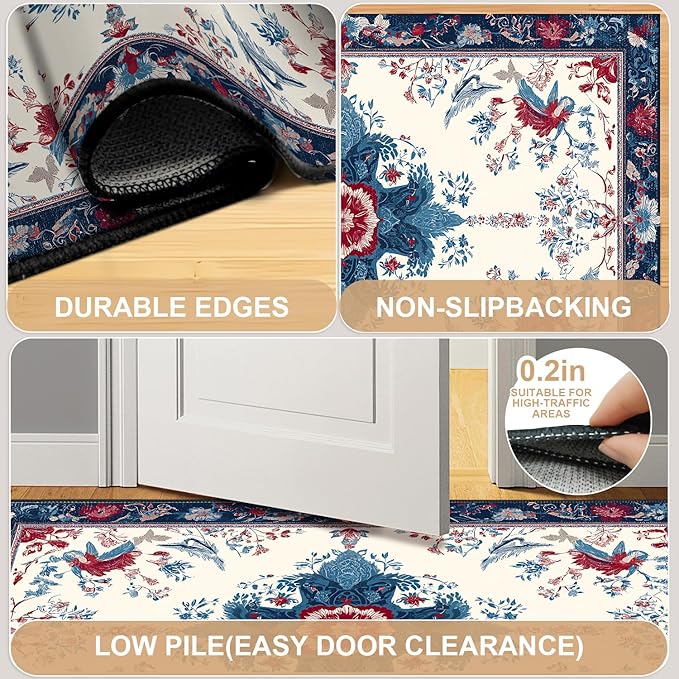 Area Rug 2x3 ft Entry Rug Washable Boho Rugs Non Slip Low Pile Floral Door Mat Small Carpet for Nursery, Bedroom, Bedside, Kids Room, Office, Dining Room