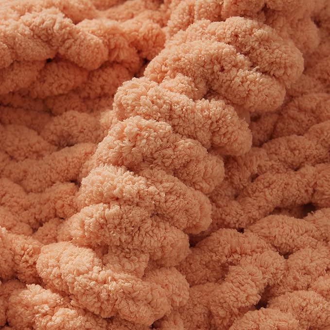 WESHIONGOO Chunky Knit Blanket Throw Knitted Throw Blankets for Couch Bed Fluffy Soft Blanket with Jumbo Chenille Yarn Thick 100% Handmade(Peach Fuzz, 51"×63")