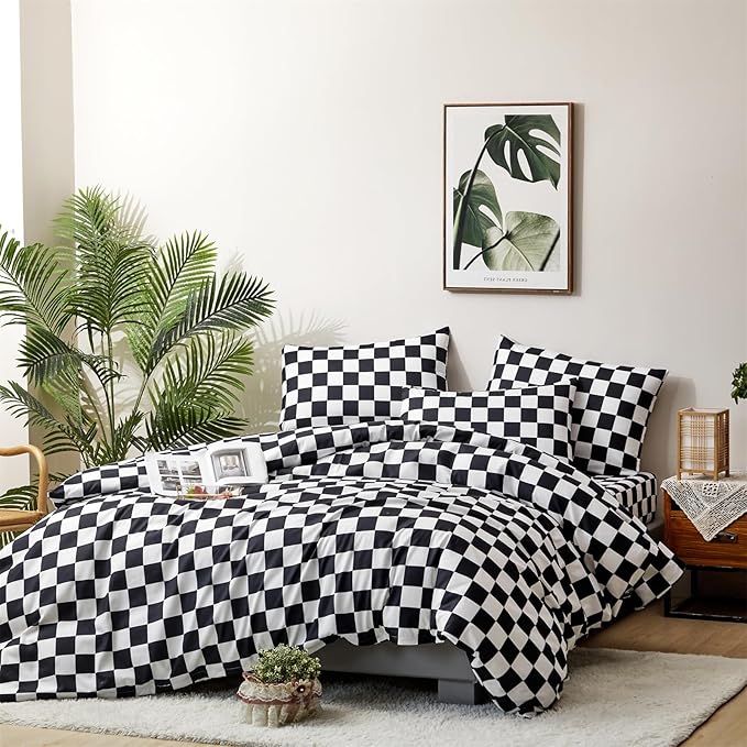 CLOTHKNOW Black White Plaid Twin Comforter Set Grid Bedding Comforter Sets Soft Checker Black and White Comforter with 2 x Pillow Cases