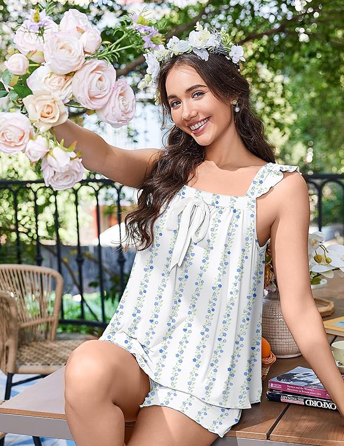 Ekouaer Women's Pajamas Sets 2 Piece Bow Bridal Pajama Cute Tank Top and Shorts Pjs Soft Ruffle Sleepwear XS-2XL