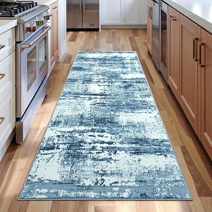 Runner Rug 2x6 Washable Rug Runners for Hallways Kitchen Non-Slip Rugs Abstract Print Soft Faux Wool Carpet Runner for Entryway Indoor, Bedroom Bedside, Laundry, Dorm, Home Decor (Blue)