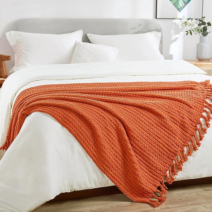 Striped Knit Throw Blanket with Braided Tassels 50" x 60", Hand Knitted Soft Chunky Chain Design Boho Farmhouse Blanket, Solid Color Tassel Decor Throw for Couch Bed Sofa Outdoor, Burnt Orange