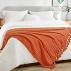 Striped Knit Throw Blanket with Braided Tassels 50" x 60", Hand Knitted Soft Chunky Chain Design Boho Farmhouse Blanket, Solid Color Tassel Decor Throw for Couch Bed Sofa Outdoor, Burnt Orange