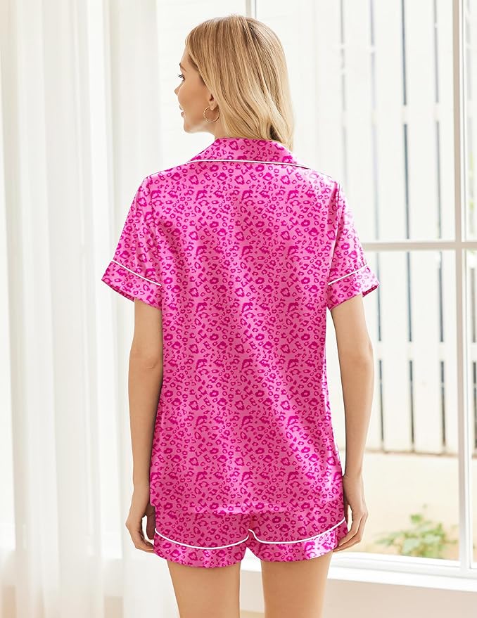Ekouaer Womens Silk Satin Pajama Sets Soft Short Sleeve Button Down Sleepwear Top and Shorts 2 Piece Pjs Lounge Set
