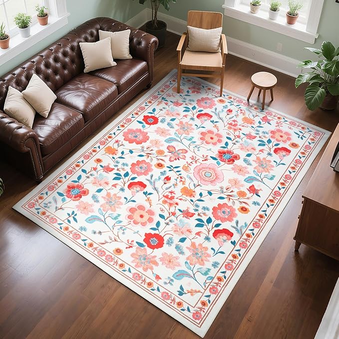 CRYPTOLITE Living Room Rug 6x9 Rug, Machine Washable Area Rug Non Slip Low Pile Floral Rug for Living Room, Bedroom, Farmhouse, Dining Room, Kids Playroom, Beige