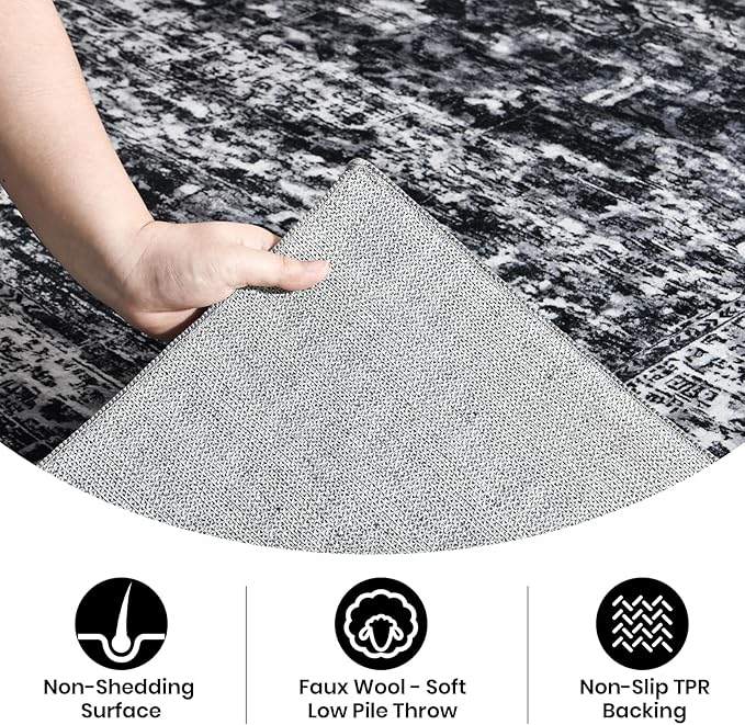 CRYPTOLITE Rugs for Living Room, 9x12 Large Area Rugs Ultra Soft Washable, Vintage Boho Faux Wool Carpet for Dining Room, Bedroom, Office, Home Decor (Black)