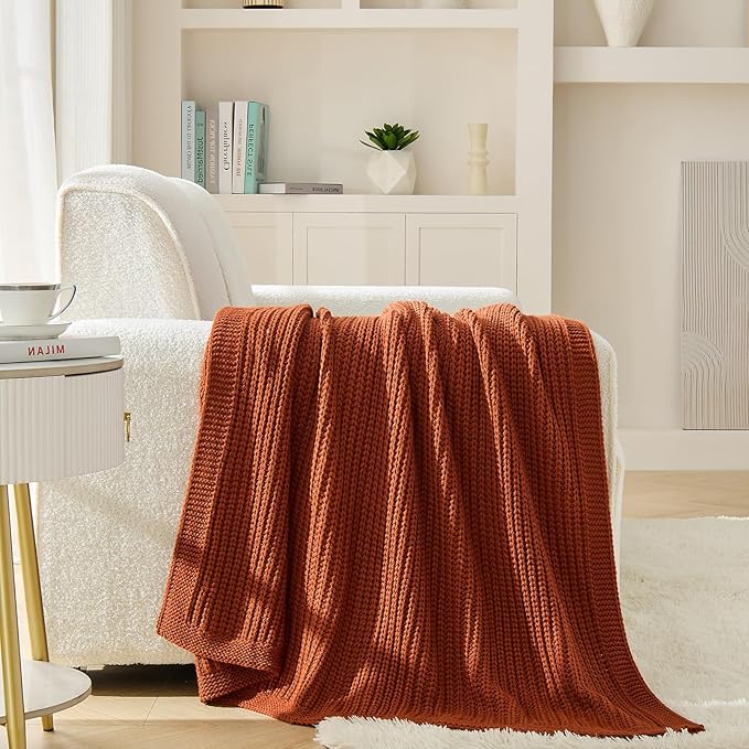 Chunky Knit Rust Orange Throw Blanket 60"x80" Soft Cozy Knitted Blanket for Couch Sofa Bed, Cute Decorative Spring Throw for Living Room