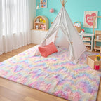 junovo Washable Area Rug for Girls Bedroom Living Room, 5x8 Tie-Dyed Rainbow Soft Non-Slip Fluffy Rugs, Shag Plush Memory Foam Carpet for Kids Room Baby Nursery Home Decor