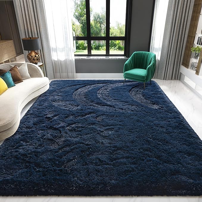 Navy Blue Area Rug 8x10 Large Rugs for Living Room Bedroom, Fluffy Soft Rug Modern Carpets for Kids Room, Non-Skid Rectangular Indoor Rug for Girls Boys Playroom Nursery Room Home Decor