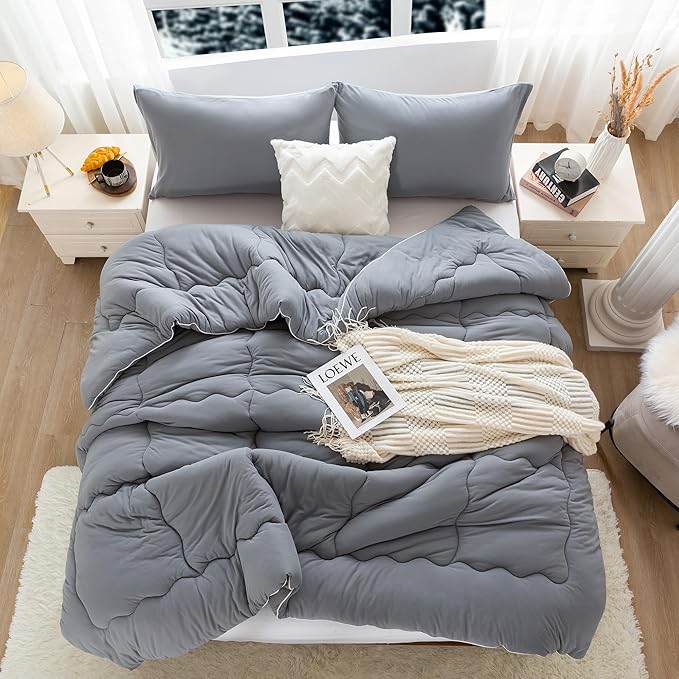 COTTEBED Ultra-Soft Winter King Size Comforter Set, Warm California Cal King Thick Milk Cup Cozy Fully Breathable Bedding 1 Down Alternative with 2 Pillowcase for Winter, Dark Gray