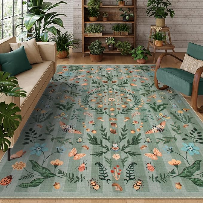 Lahome Chloe Insect Botanical Washable Rugs 8x10 Green Rug for Living Room, Boho Non Slip Rugs for Bedroom, Indoor Throw Dining Room Rug for Under Table Carpet for Home Office Playroom(Green,8x10)
