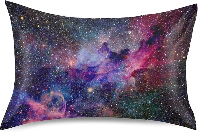 Nebula Galaxy Sky Satin Pillowcase for Hair and Skin, Purple Galaxy Space Silk Pillow Case with Envelope Closure, Standard Size 20x26 inches, 1 PC
