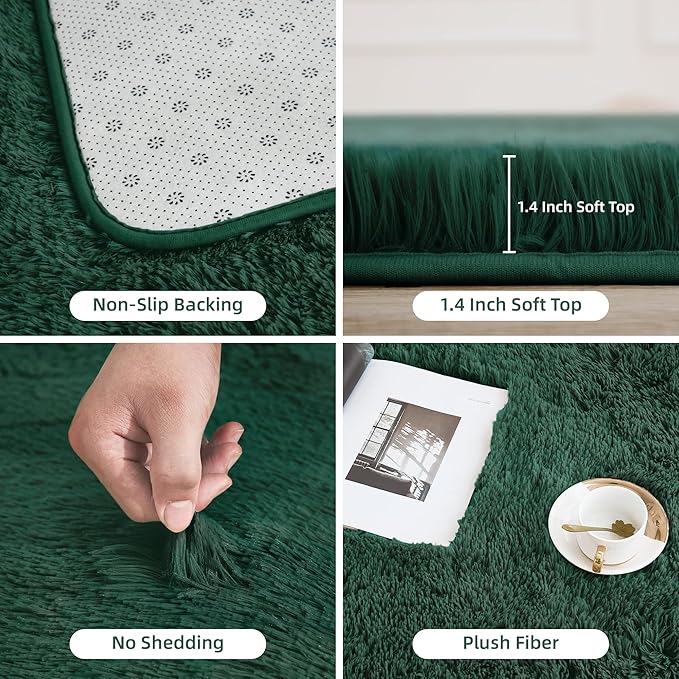 Litanika 8x10 Shag Area Rug for Living Room Bedroom, Emerald Dark Green High Pile Ultra Soft Plush Shaggy Furry Bedside Playroom Dorm Carpet, Non-Slip, Non-Shedding Modern Indoor Floor Rug