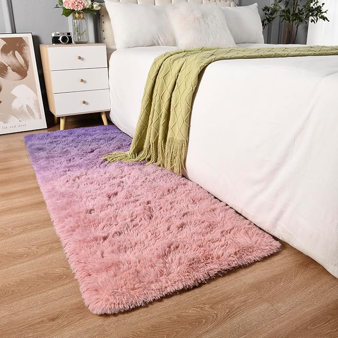 Purple Pink Area Rugs for Bedroom Living Room, 2x6 Feet Fluffy Bedside Rugs, Cute Carpet Rug for Kids Room Nursery, Furry Gradient Rugs for Girls Boys Dorm Room Home Decor
