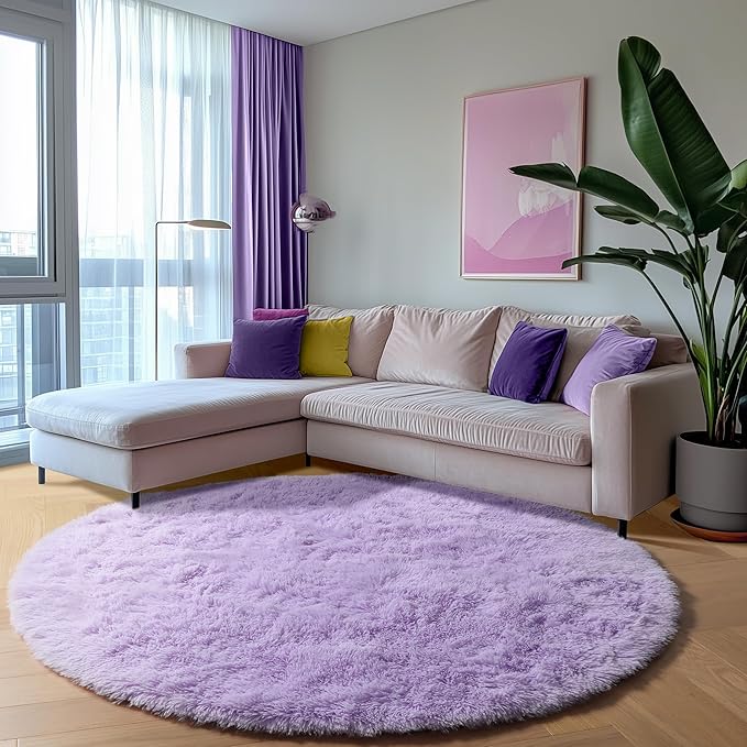 ONASAR Light Purple Round Rugs 6ft for Living Room Bedroom, Fluffy Circle Area Rug for Kids Girls Boys Teen, Soft Plush Shaggy Carpet for Nursery Dorm Classroom Playroom Home Decor Aesthetic