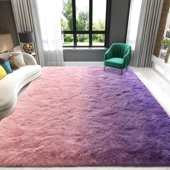 Purple Pink Area Rug 6x9 Large Rugs for Living Room Bedroom, Fluffy Cute Rug Modern Carpets for Kids Room, Non-Skid Rectangular Indoor Gradient Rug for Girls Boys Nursery Room Home Decor
