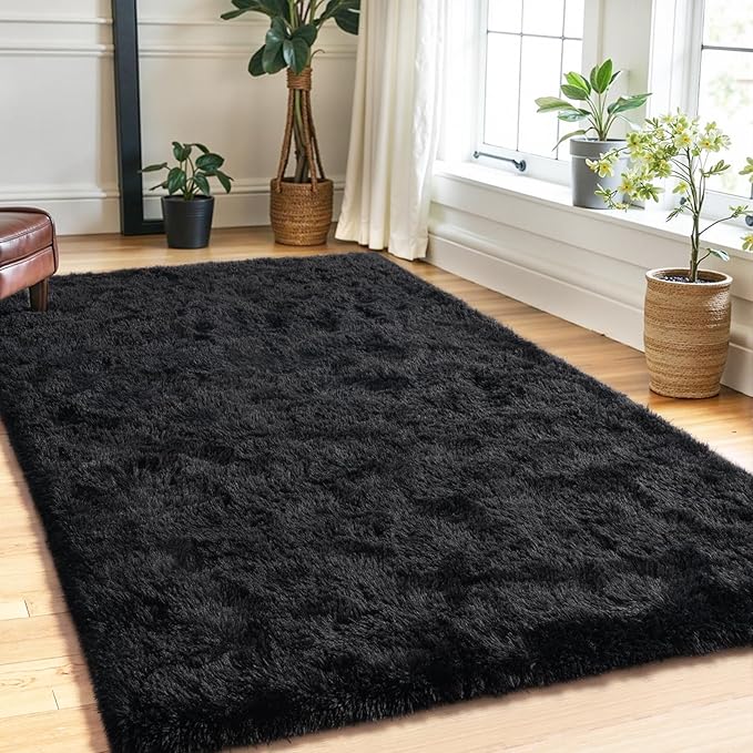Blivonta Area Rugs for Bedroom Living Room, 4x6 Soft Large Fluffy Fuzzy Shag Plush Furry Carpet, Soft Indoor Floor Mat for Kids Nursery Home Dorm Office Decor Aesthetic, Black
