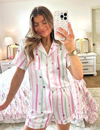 Ekouaer Womens Satin Silk Pajamas Set Short Sleeve Sleepwear Button Down Top and Shorts Loungewear 2 Piece Pjs Set S-XXL