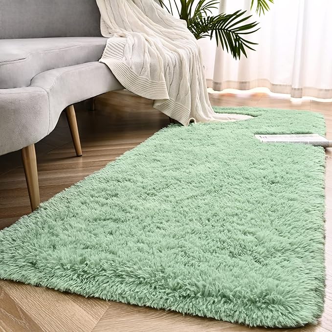 Sage Green Runner Area Rugs for Bedroom Living Room, 2x4 Feet Fluffy Bedside Rugs, Soft Shaggy Carpet Rug for Kids Room Nursery, Furry Rugs for Girls Boys Dorm Room Home Decor
