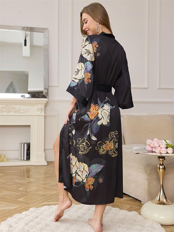 Kihnop Women's Floral Long Kimono Robe Long Satin Robe Long Silk Robe Ladies Kimonos Silky Bathrobe Cover Up, One Size