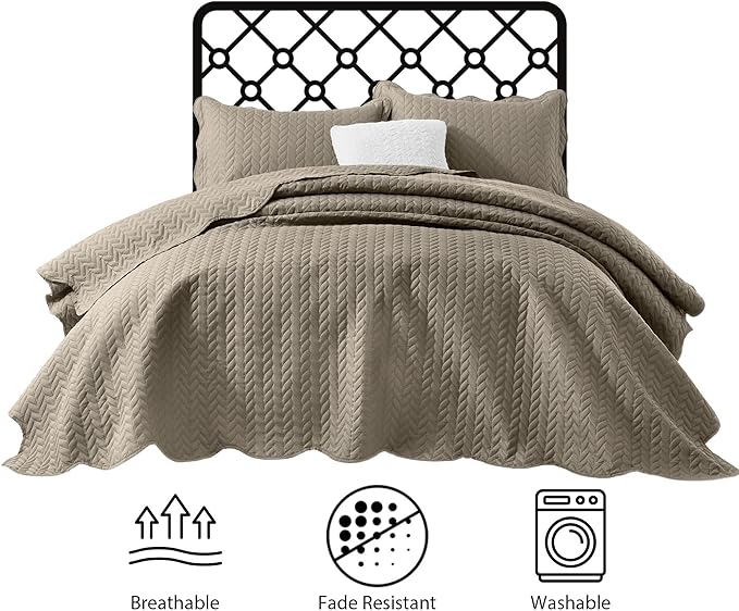 IR Imperial Rooms King Quilt Bedding Set Size (106" x 96") + 2 Pillow Shams (20" x 36"+ 2") - 3 Pcs All Season Lightweight Reversible Microfiber Coverlet Embossed Quilt Bedspread (Beige)