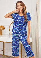 Ekouaer Women's Sleepwear Capri Pajama Sets Short Sleeve Two-Piece Pjs V Neck Tops & Capri Pants with Pockets S-3XL