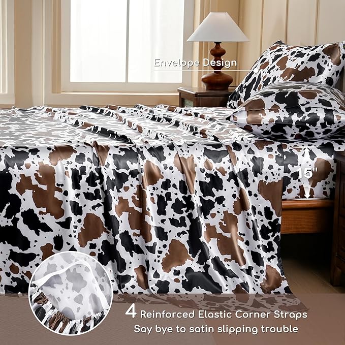 MR&HM Satin Bed Sheets with Elastic Corner Straps, King Size Sheets Set, 4 Pcs Silky Bedding Set with 15 Inches Deep Pocket for Mattress (King, Cow Print)