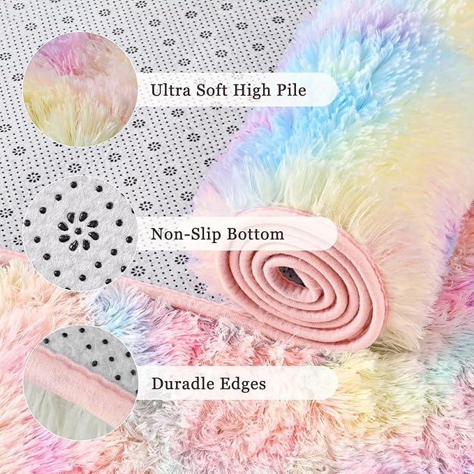 junovo 6x9 Washable Area Rug for Girls Bedroom Living Room, Tie-Dyed Rainbow Soft Non-Slip Fluffy Rugs, Shag Plush Memory Foam Carpet for Kids Room Baby Nursery Home Decor