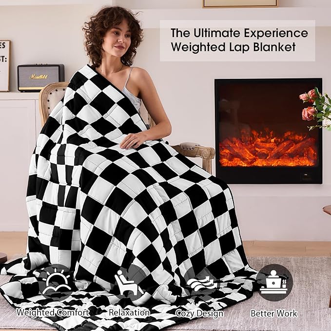 Black Checkered Weighted Blanket for Adults 20lbs, 60"x80" Queen Size, Cooling Heavy Blanket for 130-220lbs with Premium Glass Beads, Soft Thick Big Blankets for All-Season Sleeping Comfort Breathable